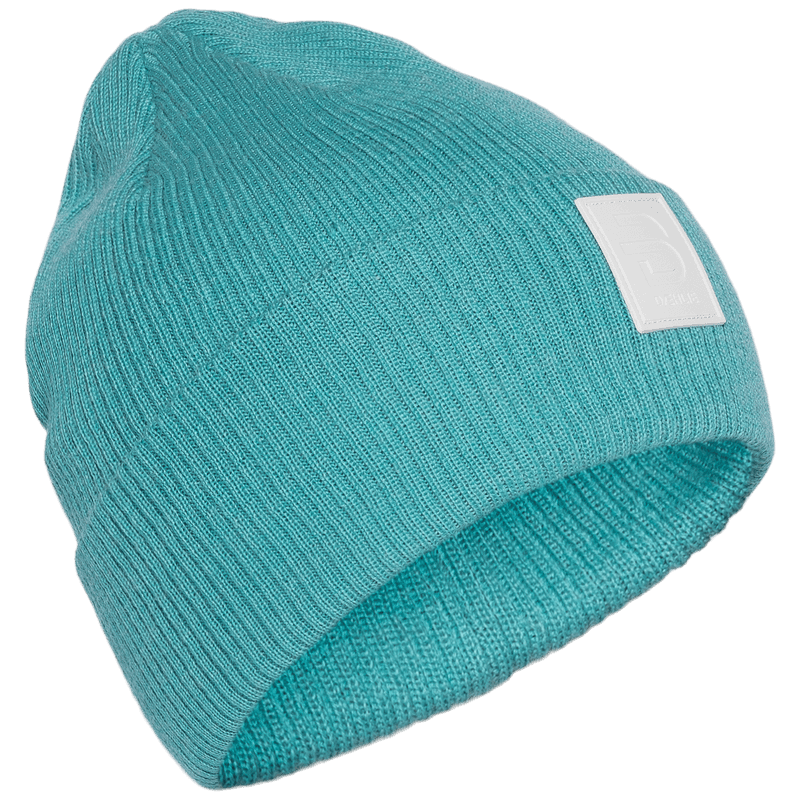 Teal ribbed beanie with folded cuff and white logo patch