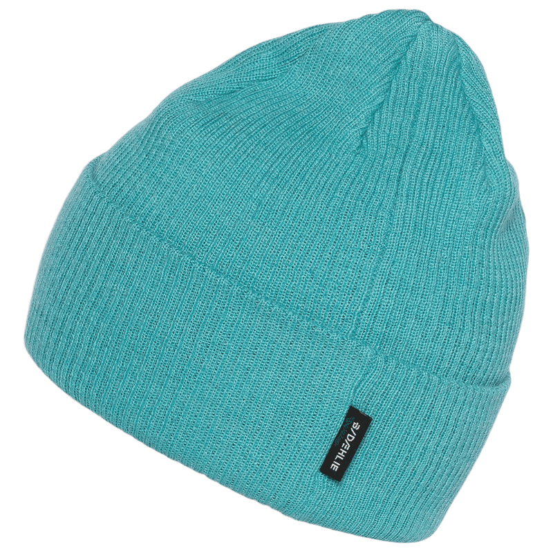 Teal ribbed beanie side view with small woven brand tag