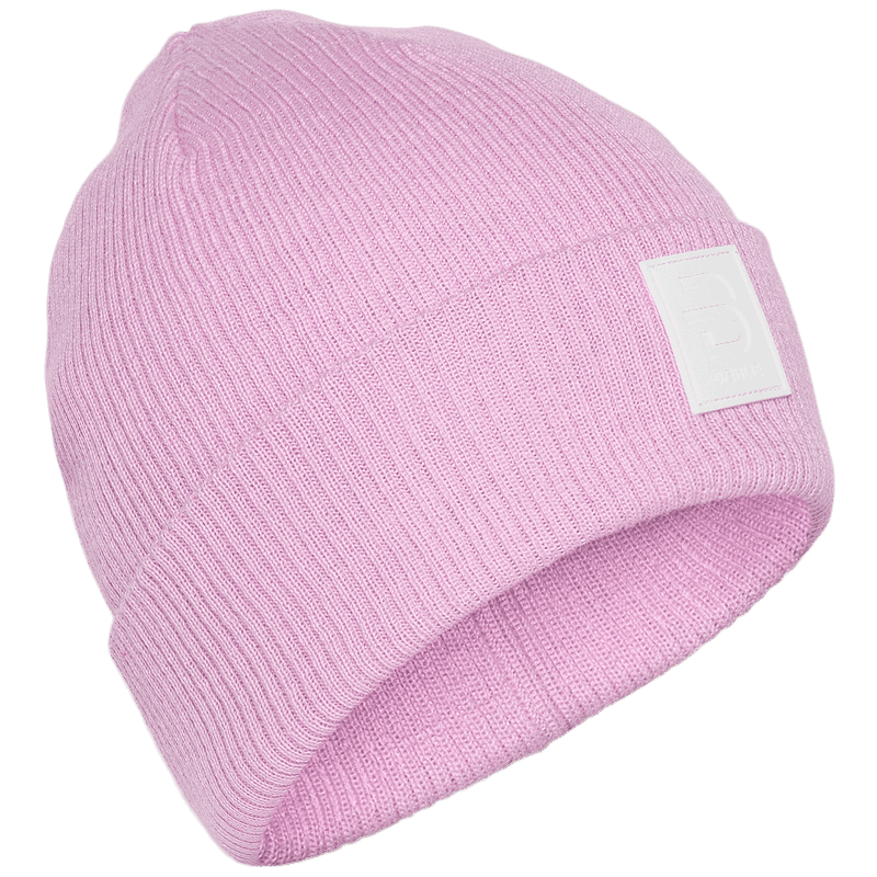 Pink ribbed beanie with folded cuff and white logo patch