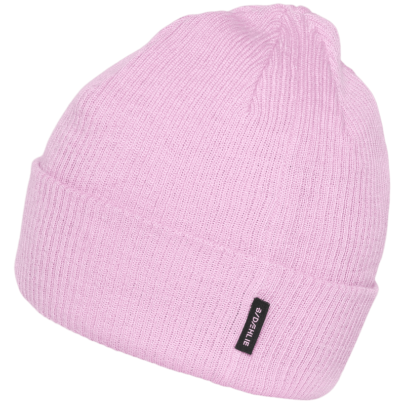 Pink ribbed knit beanie with folded cuff, no visible logo