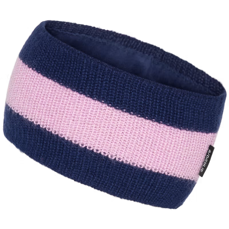 Navy and pink striped knit headband with small woven brand tag