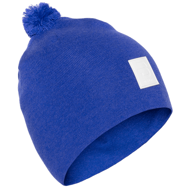 Blue knit beanie with pom-pom and white logo patch