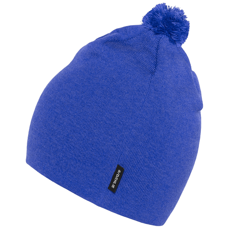 Blue knit beanie back view with pom-pom, no visible logo