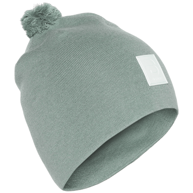 Sage green beanie front view with pom-pom and white logo patch