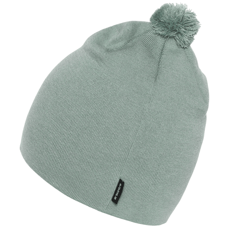 Sage green knit beanie with pom-pom and small logo patch