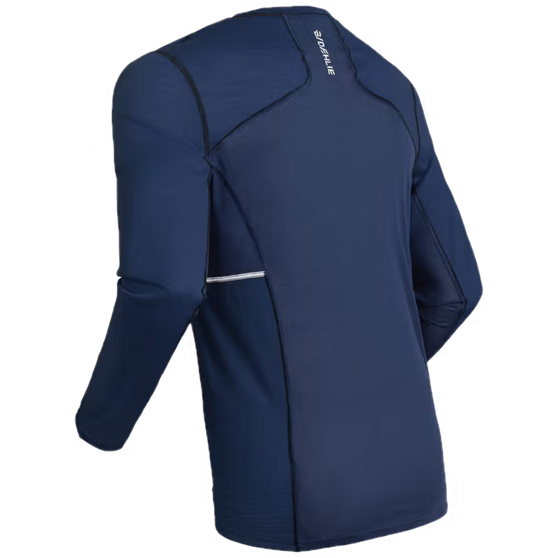 Dæhlie navy blue baselayer top, angled back view on plain background