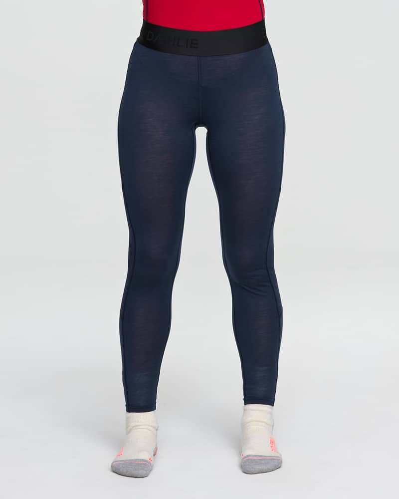 Navy blue baselayer leggings, front view on model