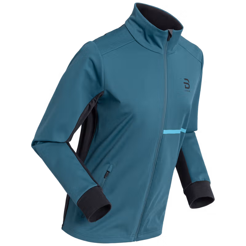 Dæhlie women's teal softshell jacket, front view product photo.