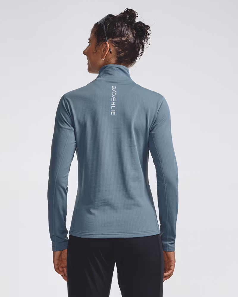 Blue-gray ribbed half-zip midlayer top, back view on model