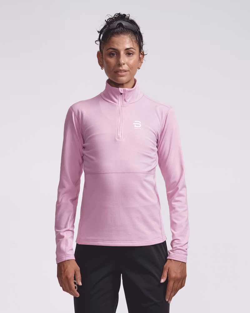 Pink ribbed half-zip midlayer top, front view on model