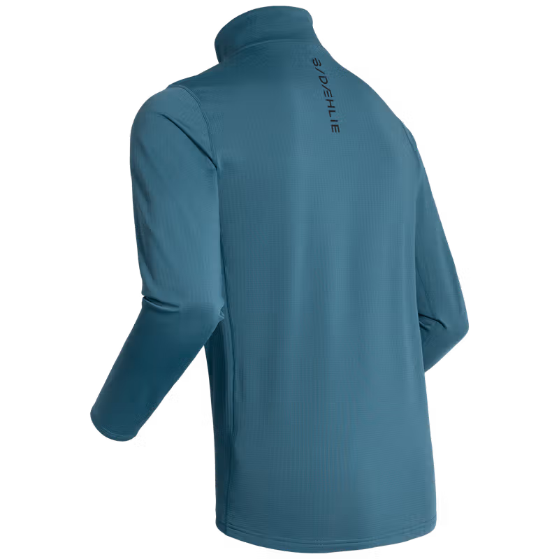 Dæhlie men's teal midlayer half-zip top, back view product photo.