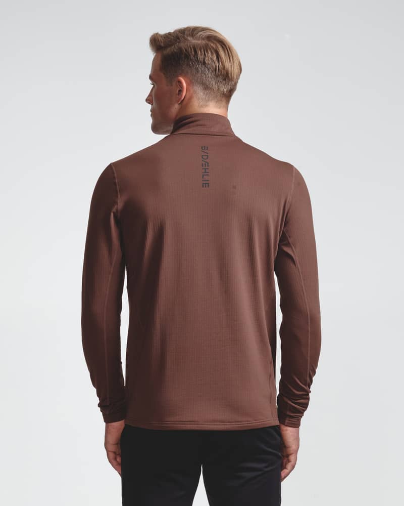 Brown mock-neck long sleeve top, back view on model