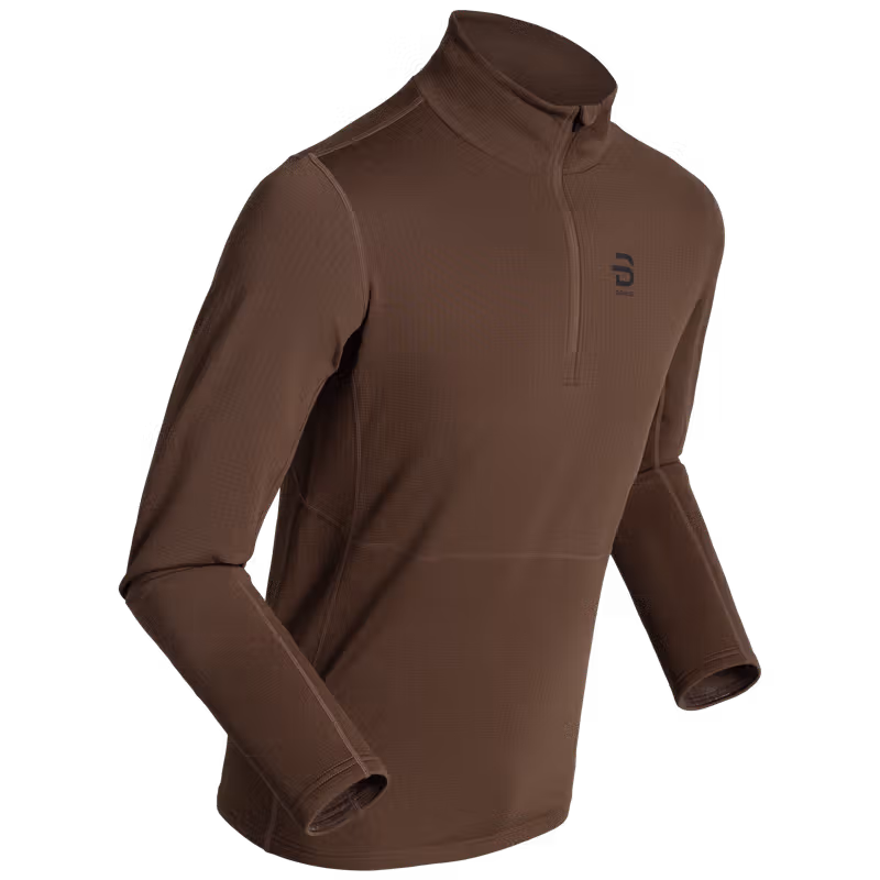 Dæhlie men's brown midlayer half-zip top, front view product photo.