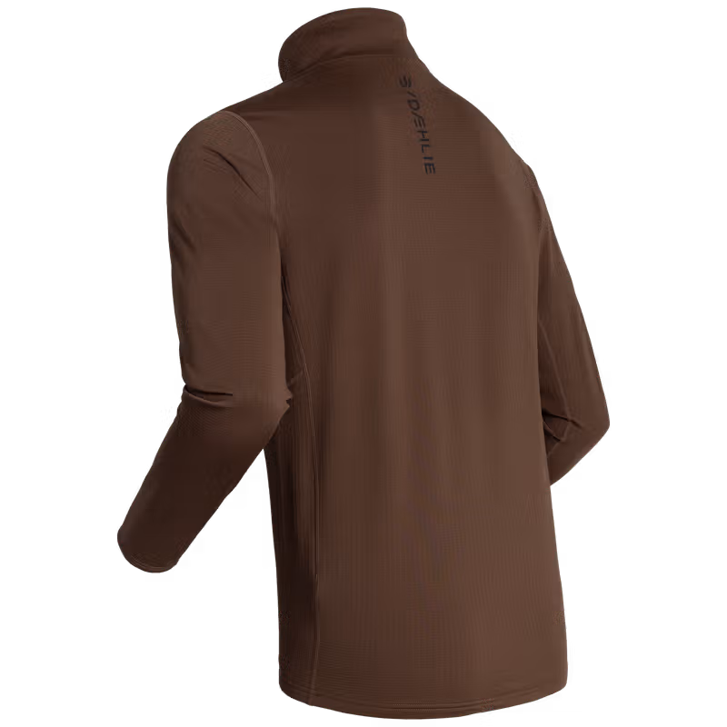 Dæhlie men's brown midlayer half-zip sweater, back view on transparent background.