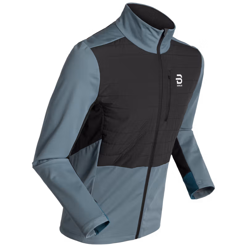 Dæhlie men's steel blue and black jacket, front view product photo.