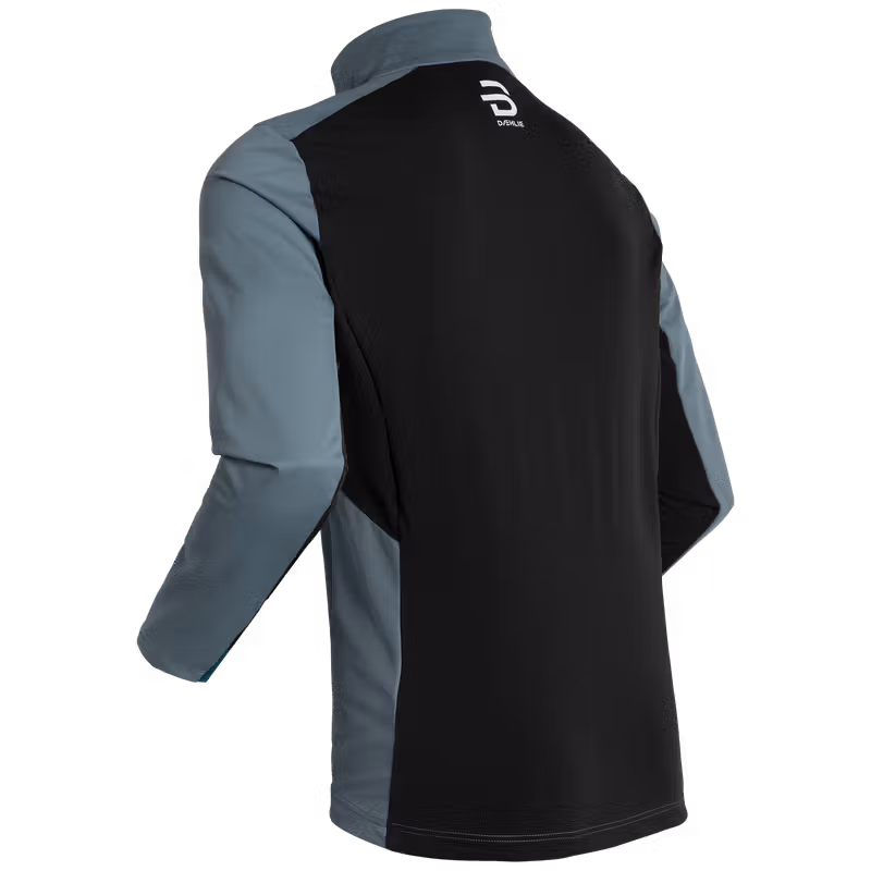 Dæhlie men's black and steel blue jacket, back view product photo.