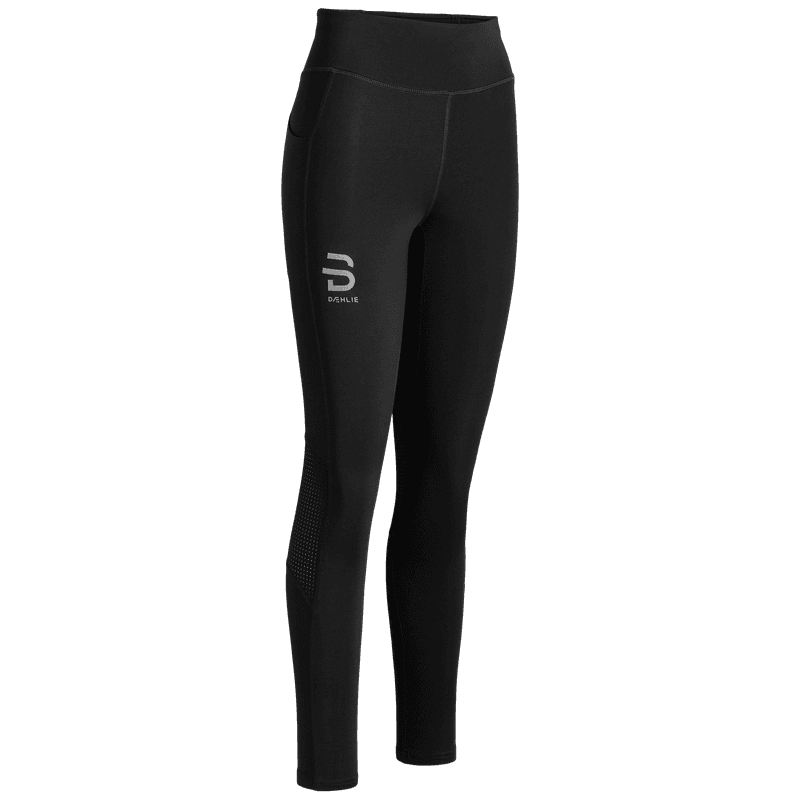 Dæhlie women's black running leggings with side pocket, front view.