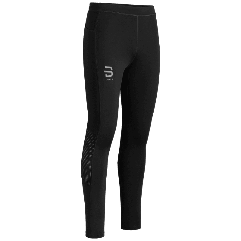 Dæhlie black baselayer tights with textured grip panels and logo, front view.