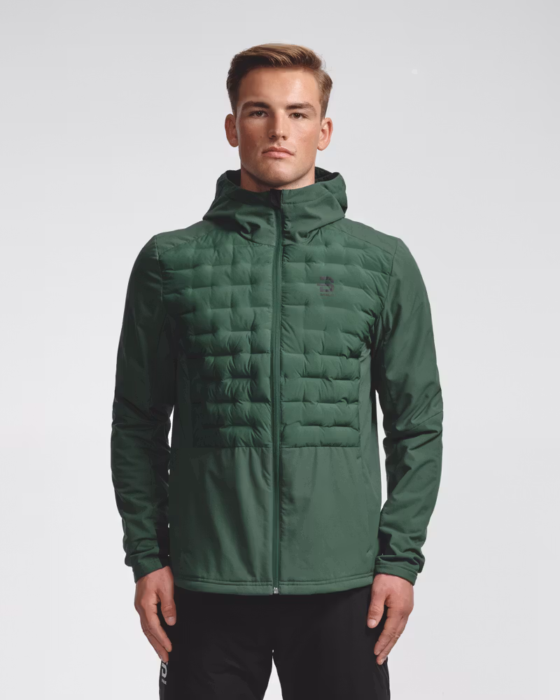 Dark green quilted hooded jacket with hood up, front view on model