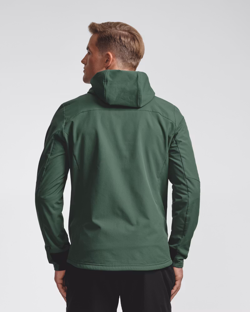 Dark green hooded softshell midlayer jacket, back view on model