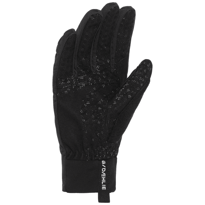 Black Dæhlie glove palm view with speckled grip texture and cuff logo