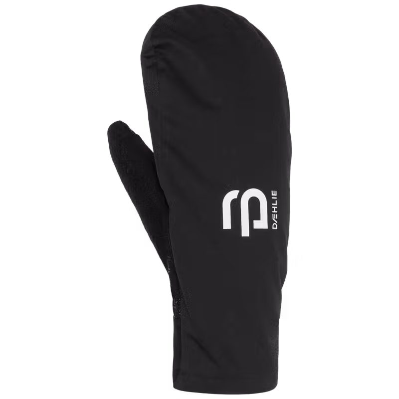 Black Dæhlie mitten side view showing logo and fleece thumb panel