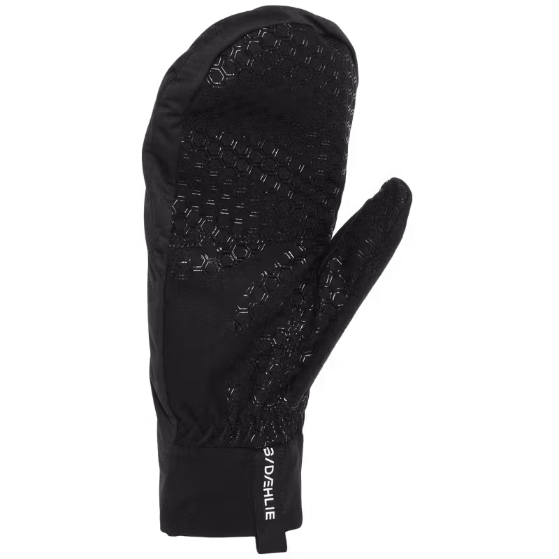 Black Dæhlie mitten with textured palm grip and logo on cuff