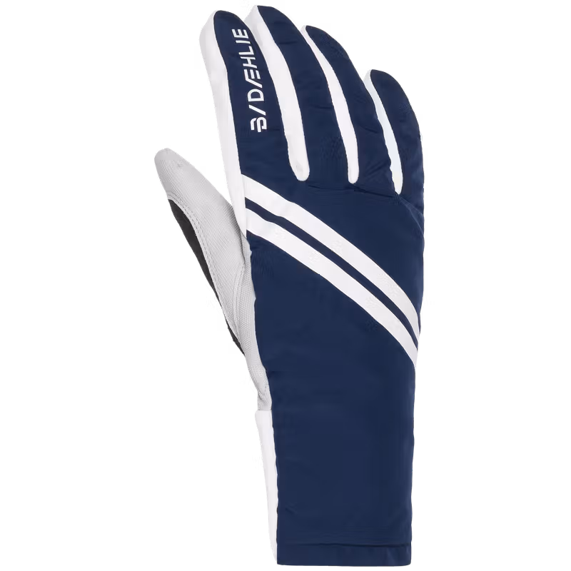 Navy Dæhlie glove with white diagonal stripes and white thumb panel