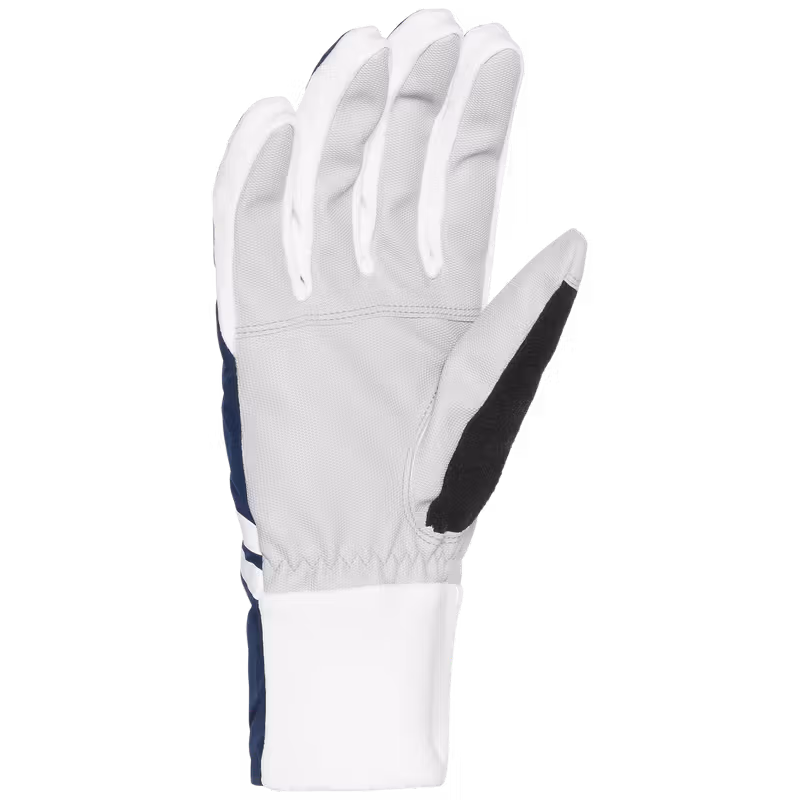 White Dæhlie glove with navy side stripe and black thumb panel