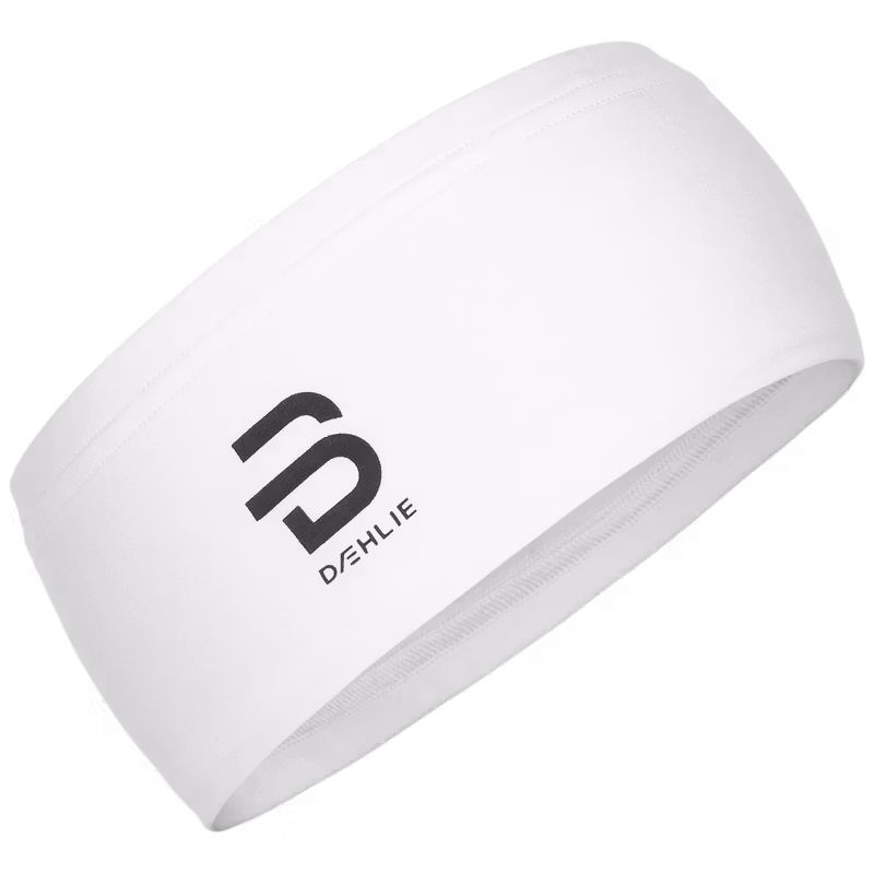 White stretch fleece headband with black Dæhlie logo, front view