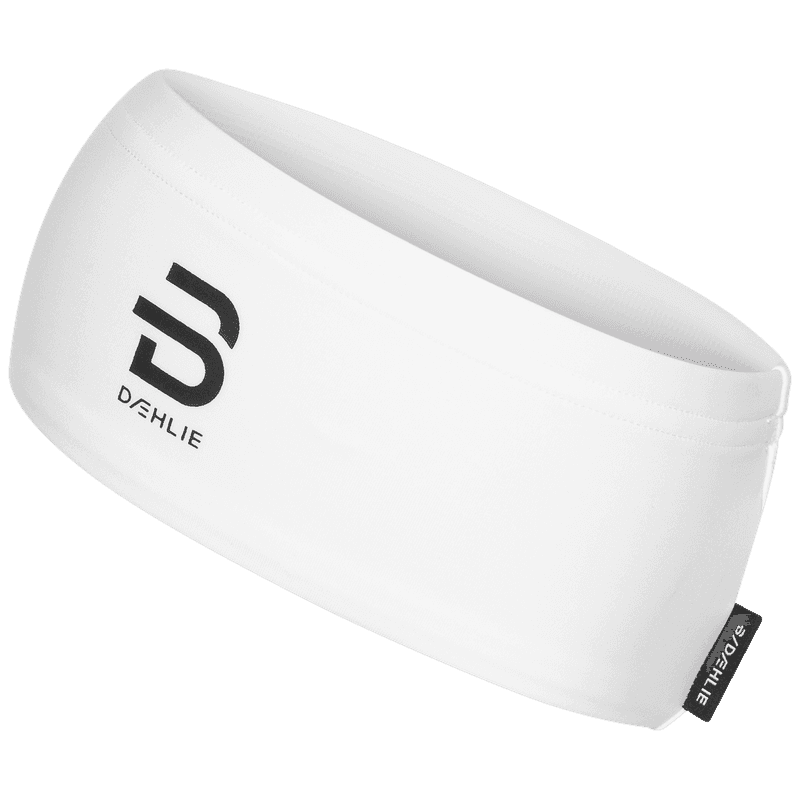 White stretch fleece headband with black Dæhlie logo