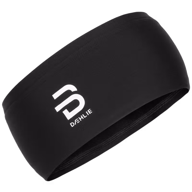 Black stretch fleece headband with large white Dæhlie logo
