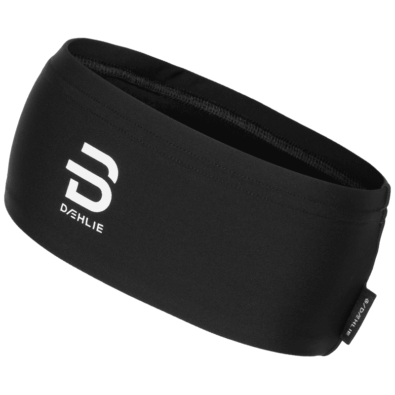 Black stretch fleece headband with white Dæhlie logo, angled view