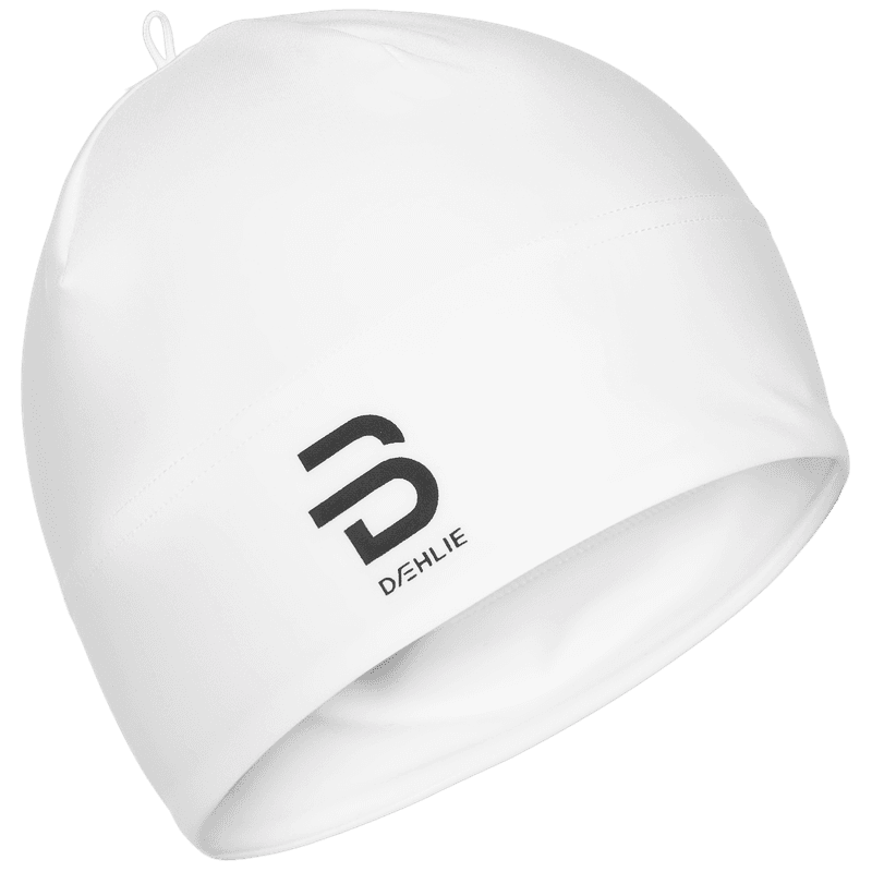 White Dæhlie beanie front view with black logo and pointed top