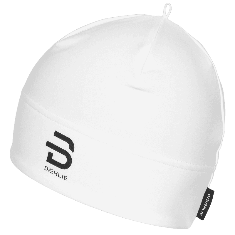 White Dæhlie beanie with pointed top knot and black logo
