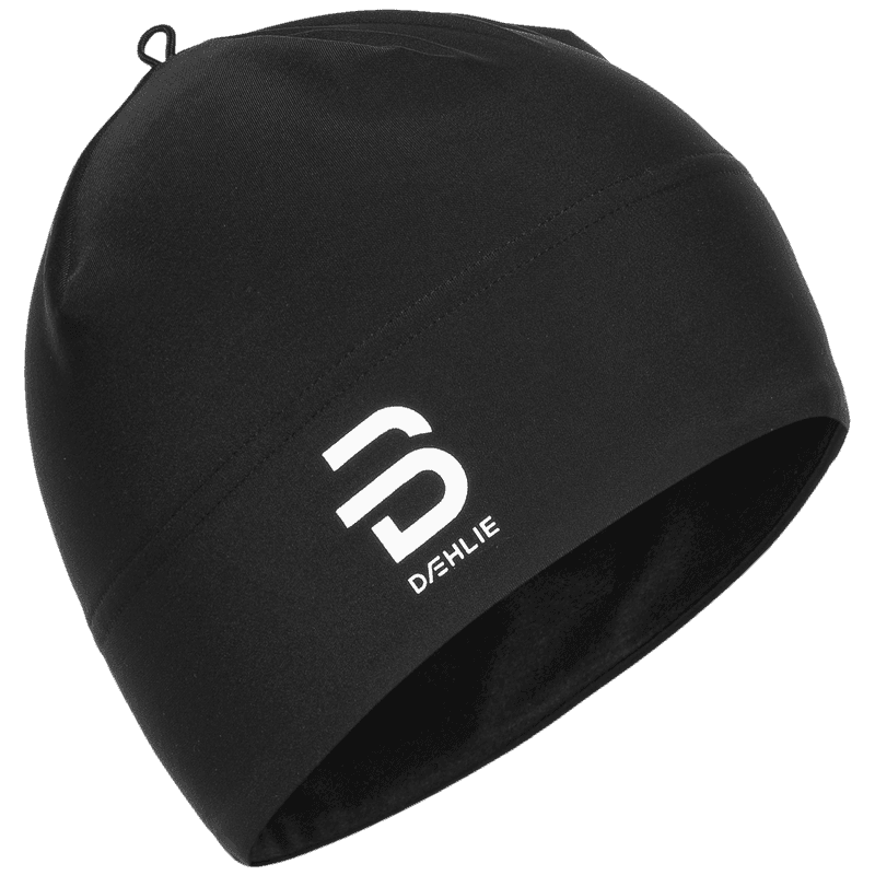 Black Dæhlie beanie front view with white logo, fitted style