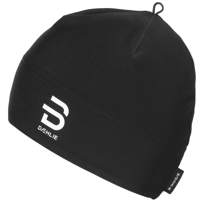 Black Dæhlie beanie with white logo and pointed top knot