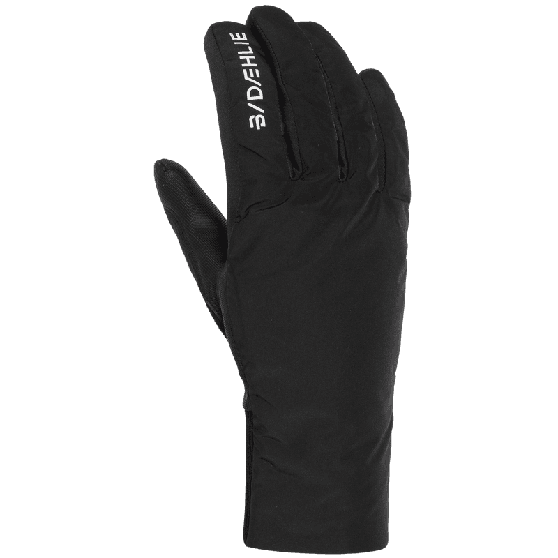 Dark grey Dæhlie glove side profile with logo text on index finger