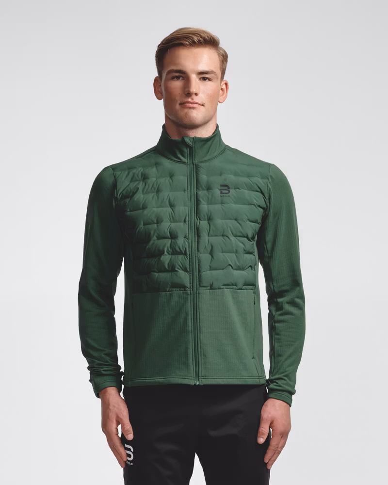 Dark green quilted midlayer jacket, front view on model, zipped up
