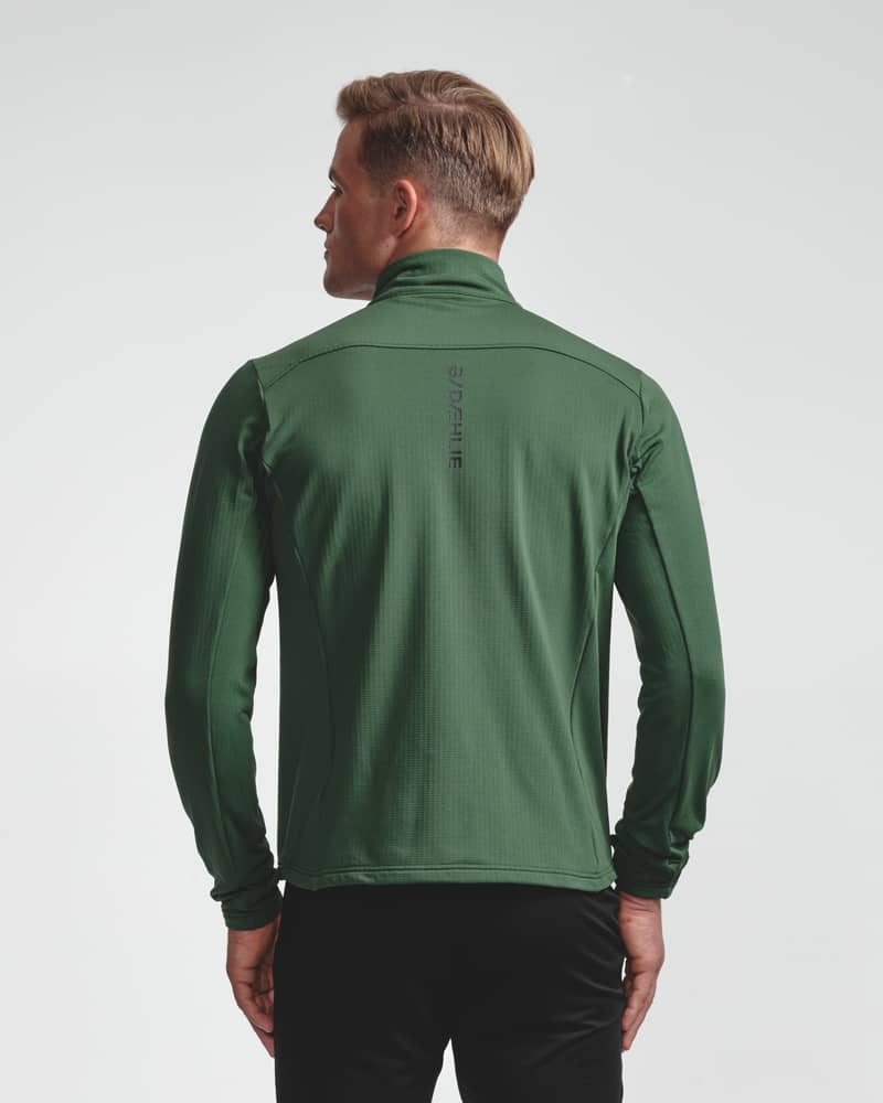 Dark green ribbed half-zip midlayer top, back view on model